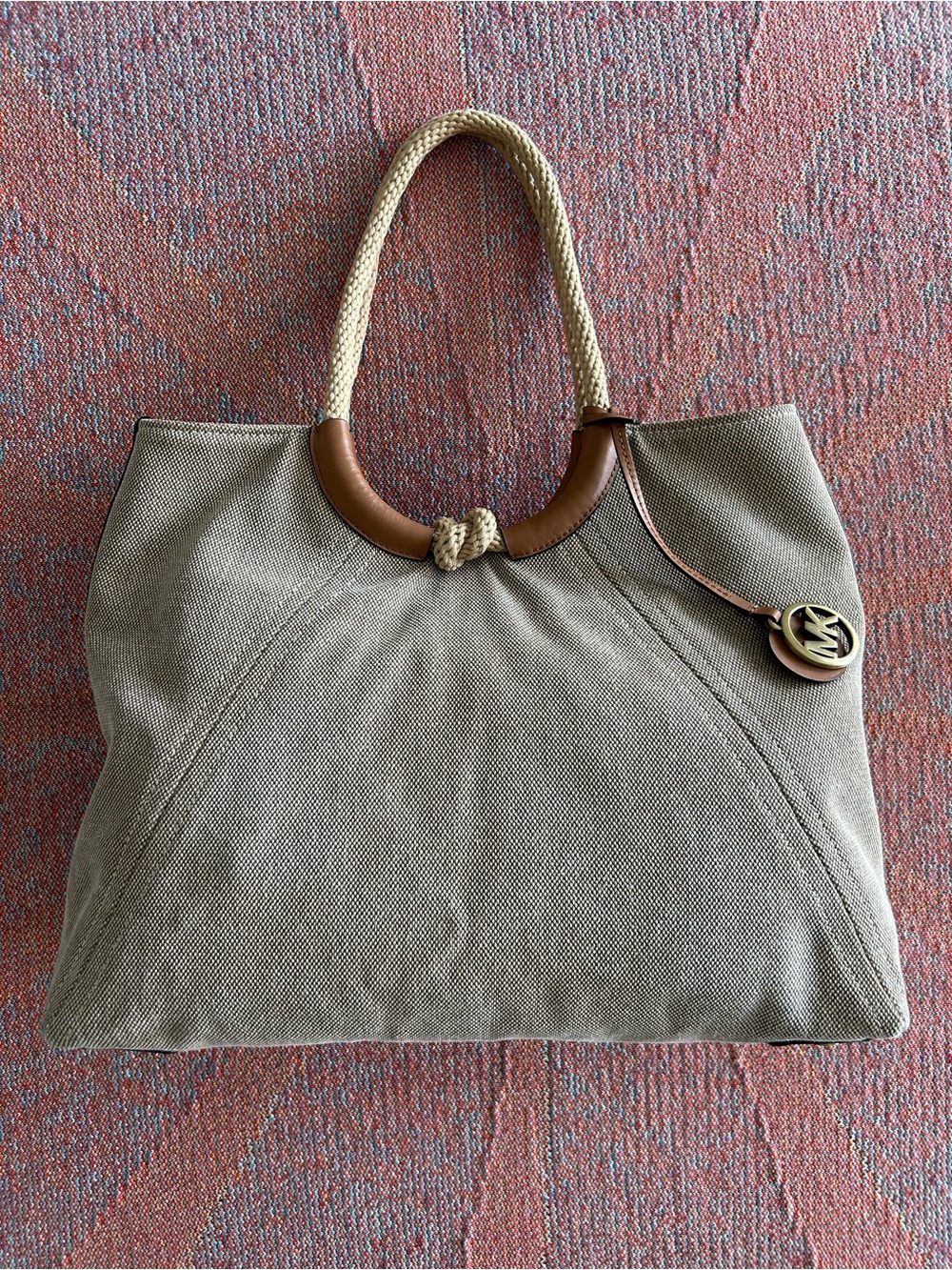 Michael Kors Natural Canvas Rope Tote Shoulder Bag Tan Leather Gold Hardware